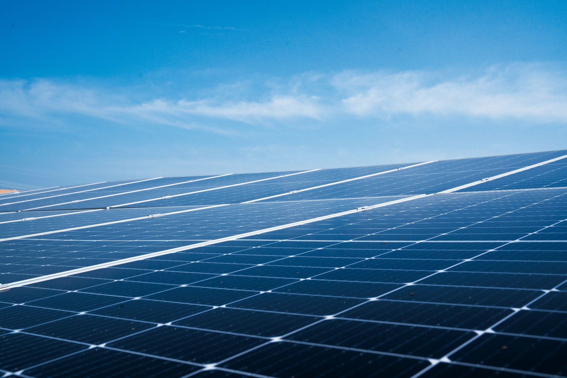 Aerial view of commercial solar panel array